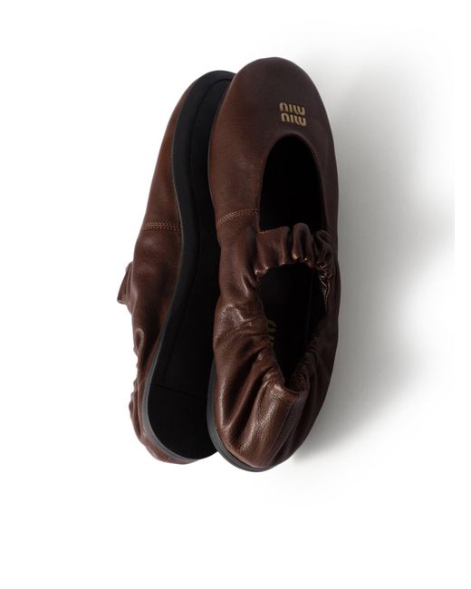 Miu Miu Brown Nappa Ruched Ballet Flats