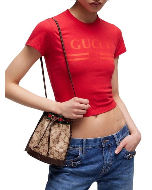 Gucci Brown Mini Bucket Bag With Web Ribbon