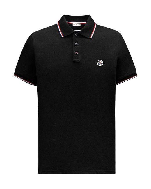 Polo in piquet di cotone con finiture tricolore di Moncler in Black da Uomo