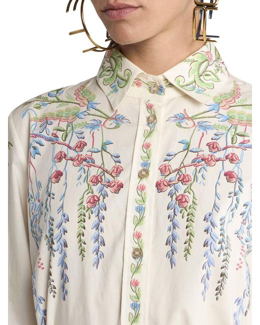 Etro White Long Silk Chemisier Dress With Floral Print And Belt