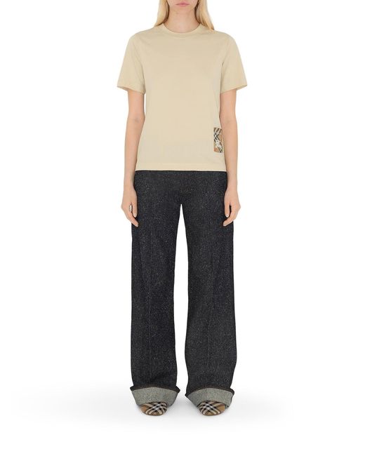 Burberry Natural Cotton T-Shirt With Check Applique