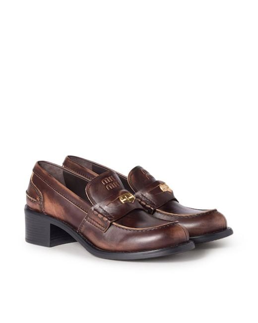 Miu Miu Brown Deco Calfskin Loafers