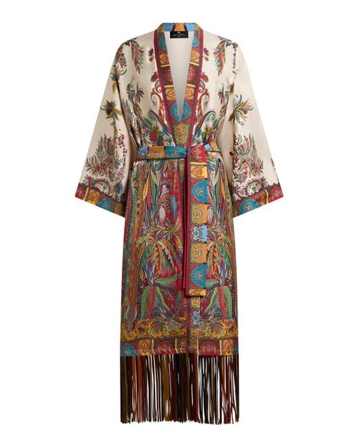 Etro White Silk Duster Coat With Fringes And Paisley Foliage Print