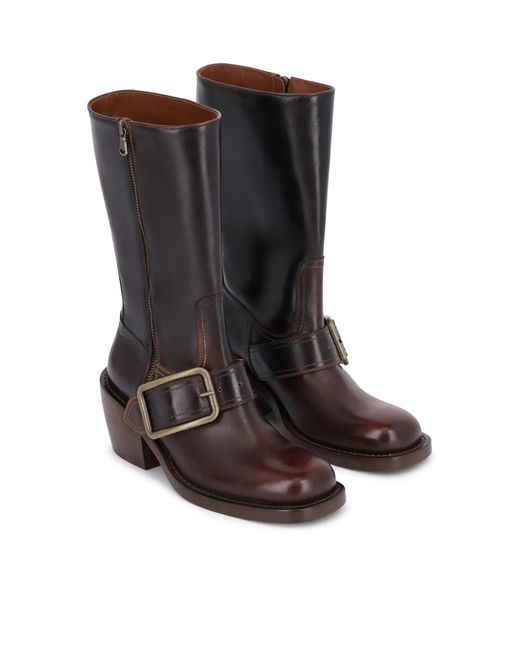 Stivali in pelle di vitello con punta squadrata, tacco a blocco arrotondato e dettaglio con fibbia di Dries Van Noten in Brown