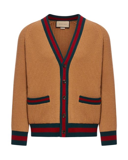 Gucci Brown Knitted Wool Cardigan With Web Ribbon for men