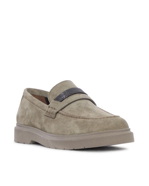 Brunello Cucinelli Brown Suede Penny Loafers With Jewel Applique