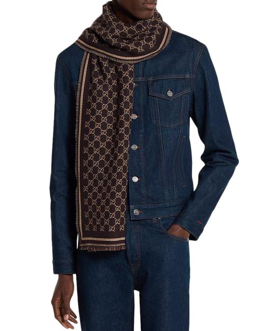 Gucci Brown Gg Jacquard Wool Scarf for men