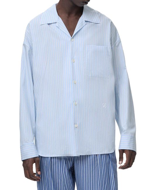 Loewe Blue Oversized Striped Cotton Shirt With Bowling Collar for men
