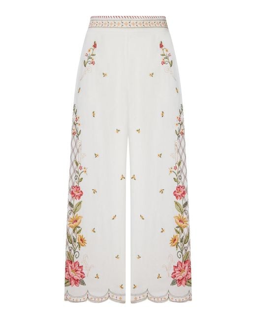 Farm Rio White Palazzo Trousers With Floral Embroidery