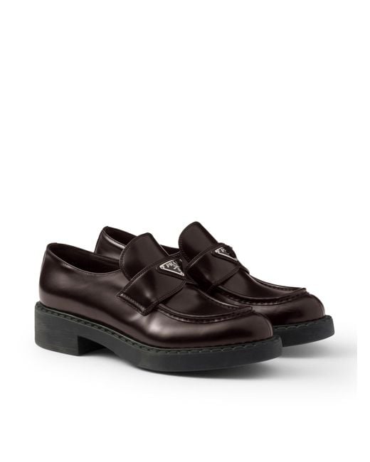 Prada Black Brushed Leather Loafers With Logo for men