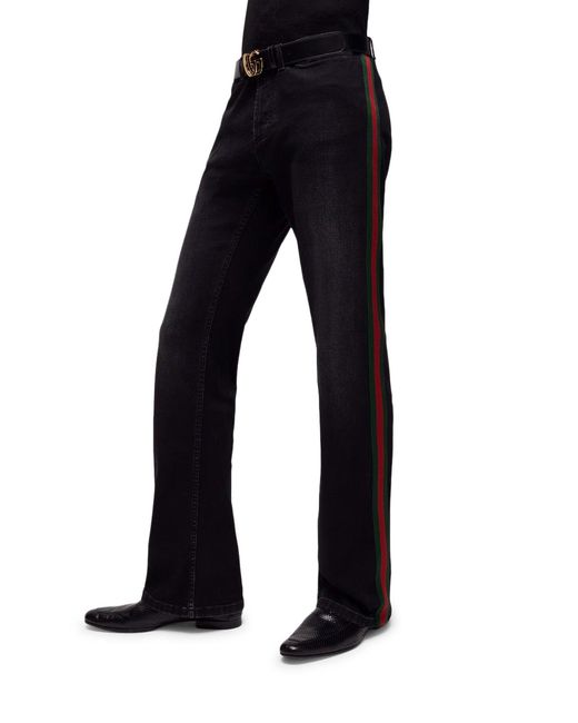 Gucci Blue Cotton Denim Trousers With Web Ribbon for men
