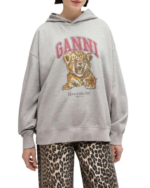 Ganni Gray Cotton Hoodie With Print