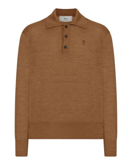 AMI Brown Ami De Coeur Polo In Extrafine Wool And Silk for men