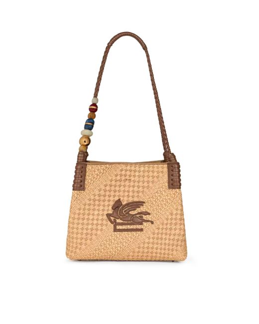 Etro White Libra Small Raffia Shopping Bag
