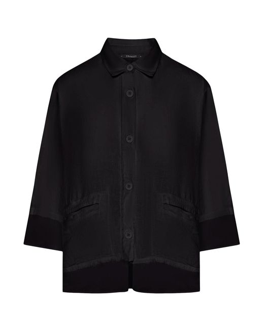 Transit Black 4 Sleeve Linen Shirt With Georgette Inserts