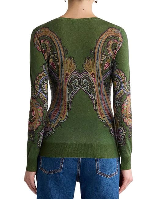 Etro Green Silk And Cashmere V-Neck Sweater With Placed Paisley Print