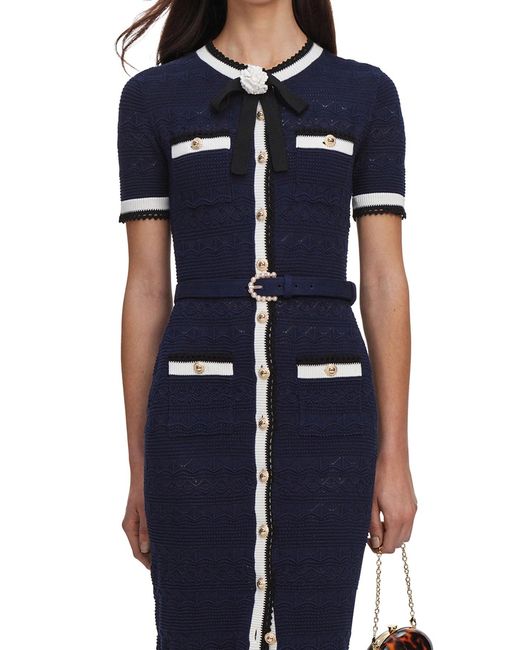 Self-Portrait Blue Perforated Knit Midi Dress