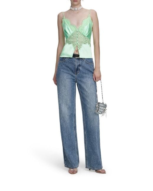 Self-Portrait Blue Straight Leg Denim Jeans With Rhinestone