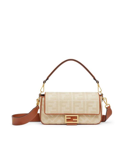 Fendi Metallic Natural Straw Baguette Bag With Ff Embroidery