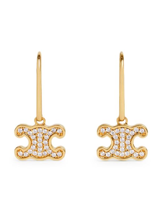Céline Metallic Triomphe Earrings With Brass Rhinestones With Gold Finish And Gold Crystals