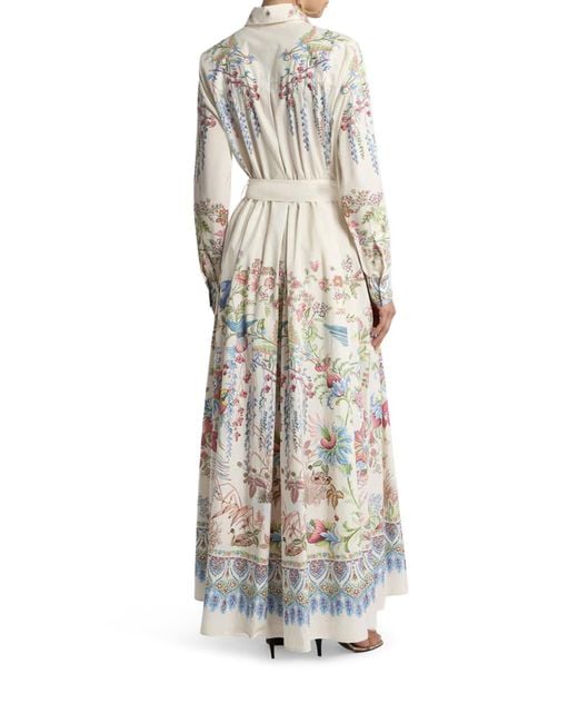 Etro White Long Silk Chemisier Dress With Floral Print And Belt