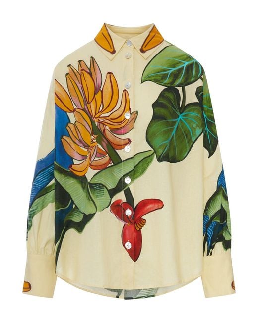Farm Rio Green Silk Shirt With Tropical Print