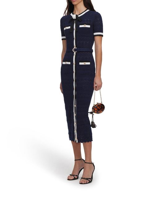 Self-Portrait Blue Perforated Knit Midi Dress