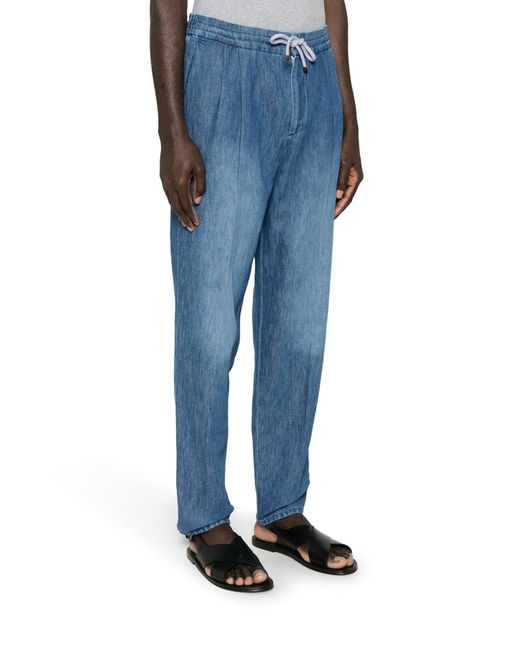Jeans con pinces in cotone e lino di Brunello Cucinelli in Blue da Uomo