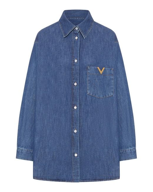 Valentino Garavani Blue Solid Chambray Denim Shirt