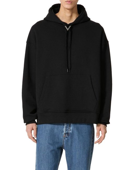 Valentino Garavani Black Cotton Sweatshirt With Hood And Metallic V Detail for men