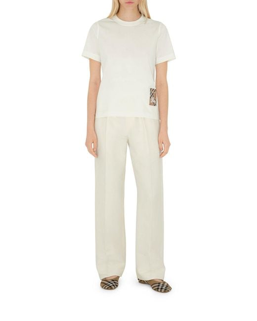 Burberry White Cotton T-Shirt With Check Application