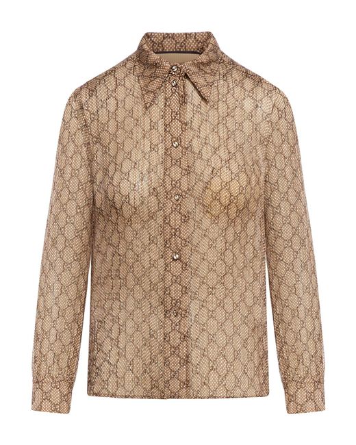 Gucci Brown Silk Shirt With Checkered GG Print