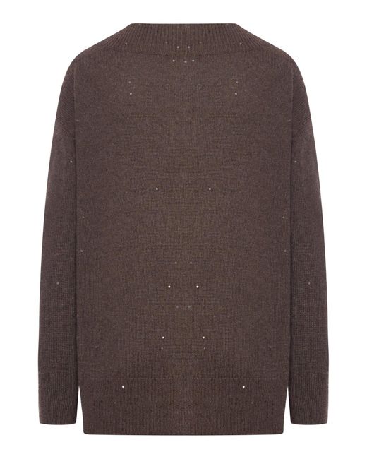 Brunello Cucinelli Brown V-Neck Sequin Embellished Knitted Jumper