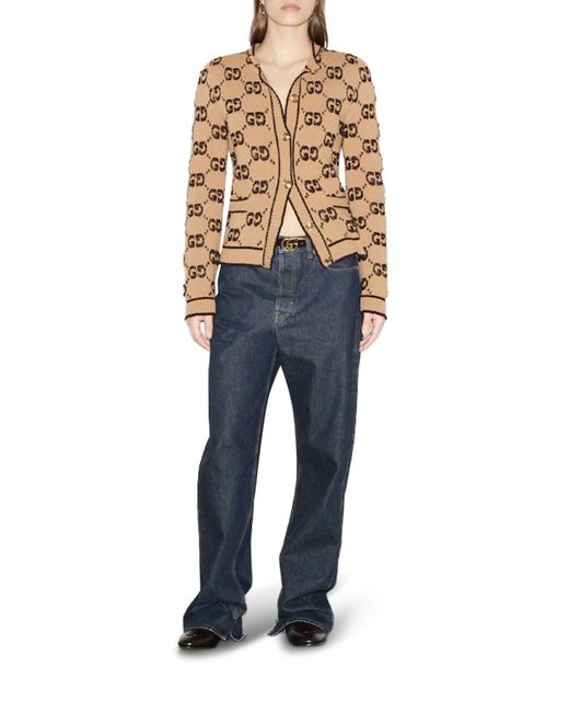 Gucci Brown Boucle' Wool Cardigan With Allover Gg Logo