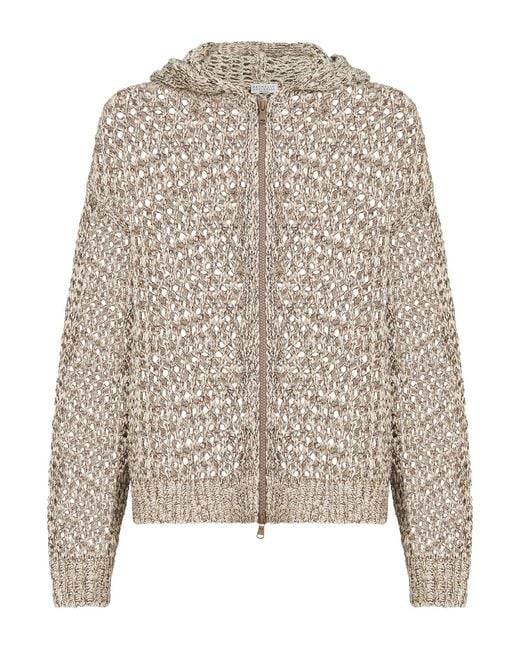 Brunello Cucinelli Natural Dazzling Chiné Silk And Linen Knit Cardigan With Hood And Zip
