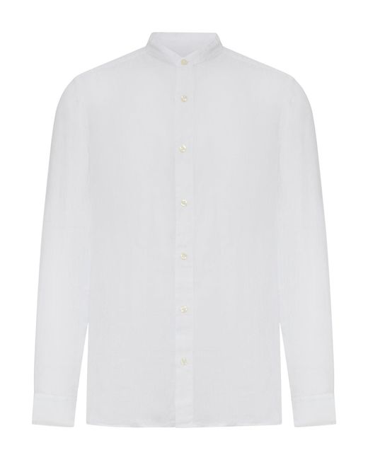 120% Lino White Linen Shirt With Mandarin Collar for men