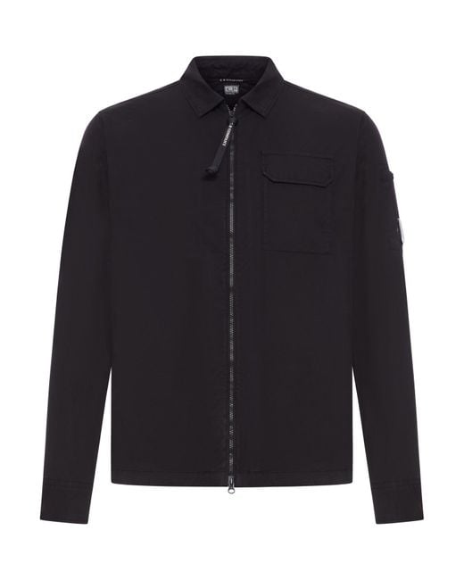 C P Company Blue Organic Gabardine Overshirt With Lenses And Zip for men