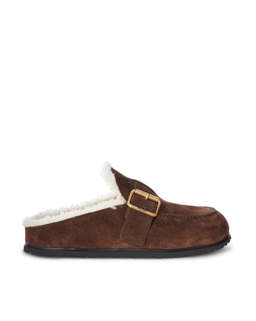 Prada Brown Suede And Shearling Mule With Buckle