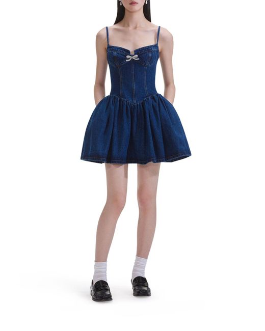 Abito mini in denim con applicazione crystal di Self-Portrait in Blue