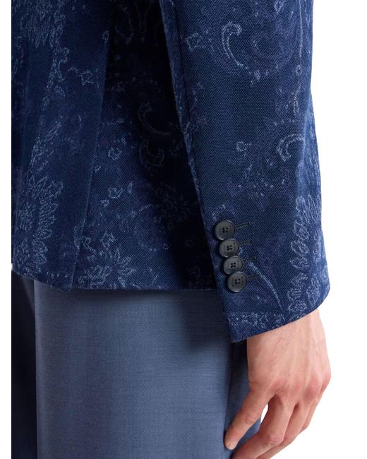 Etro Blue Single-Breasted Jacquard Cotton Jacket With Floral Pattern for men