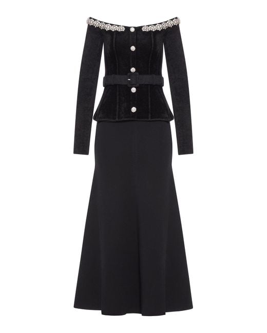 Self-Portrait Black Chenille Knit Crystal Trim Midi Dress