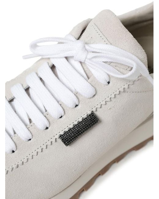 Brunello Cucinelli White Suede Runners With Shiny Tab