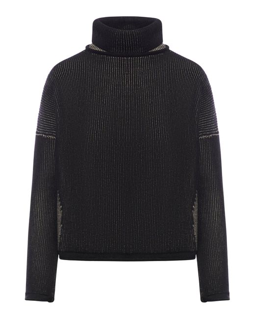 Transit Black Two-tone Ribbed Wool And Linen Turtleneck