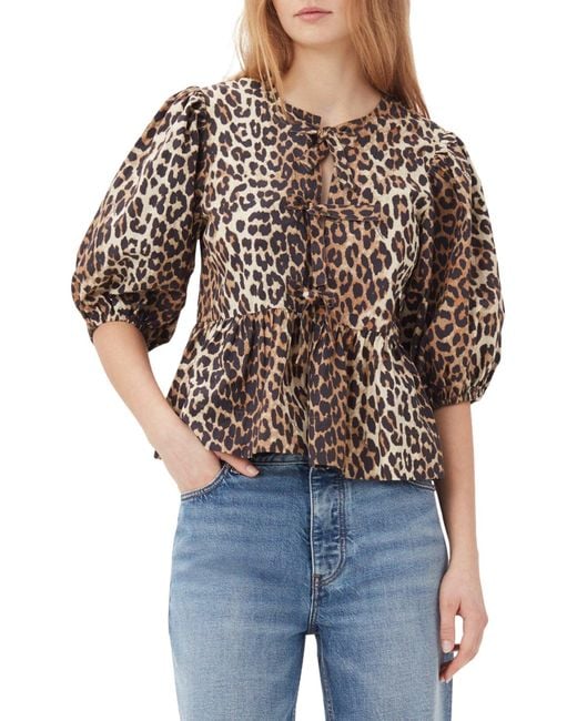 Ganni White Leopard Cotton Poplin Peplum Tie Blouse