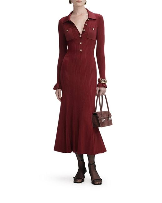 Self-Portrait Red Ribbed Knit Midi Dress