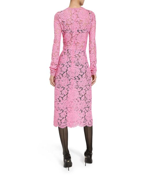 Abito a tubino in pizzo cordonetto floreale logato di Dolce & Gabbana in Pink