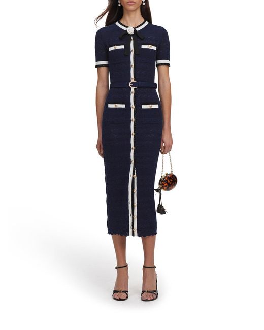 Self-Portrait Blue Perforated Knit Midi Dress