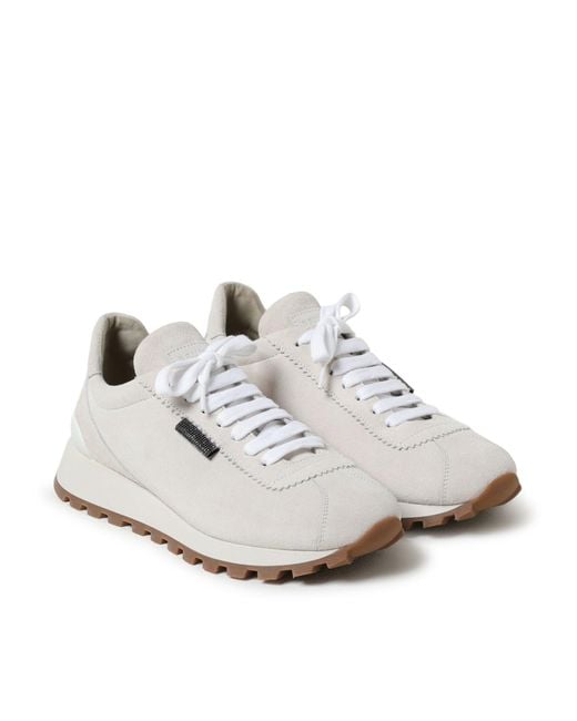 Brunello Cucinelli White Suede Runners With Shiny Tab