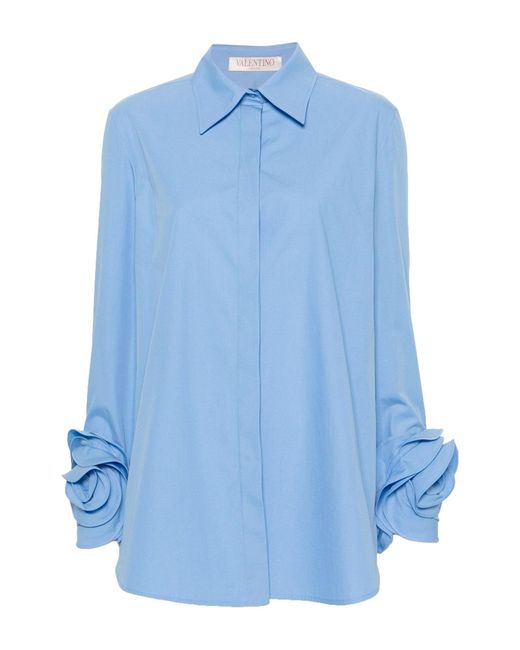 Camicia in popeline con applicazioni floreali di Valentino Garavani in Blue