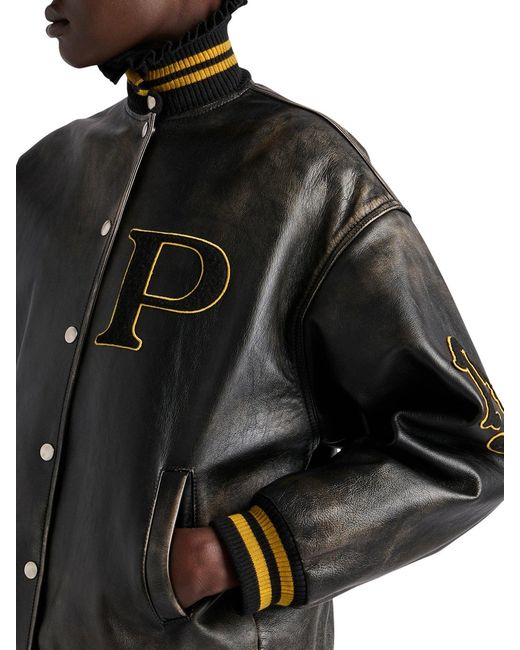 Prada Black Leather Bomber Jacket With Patch